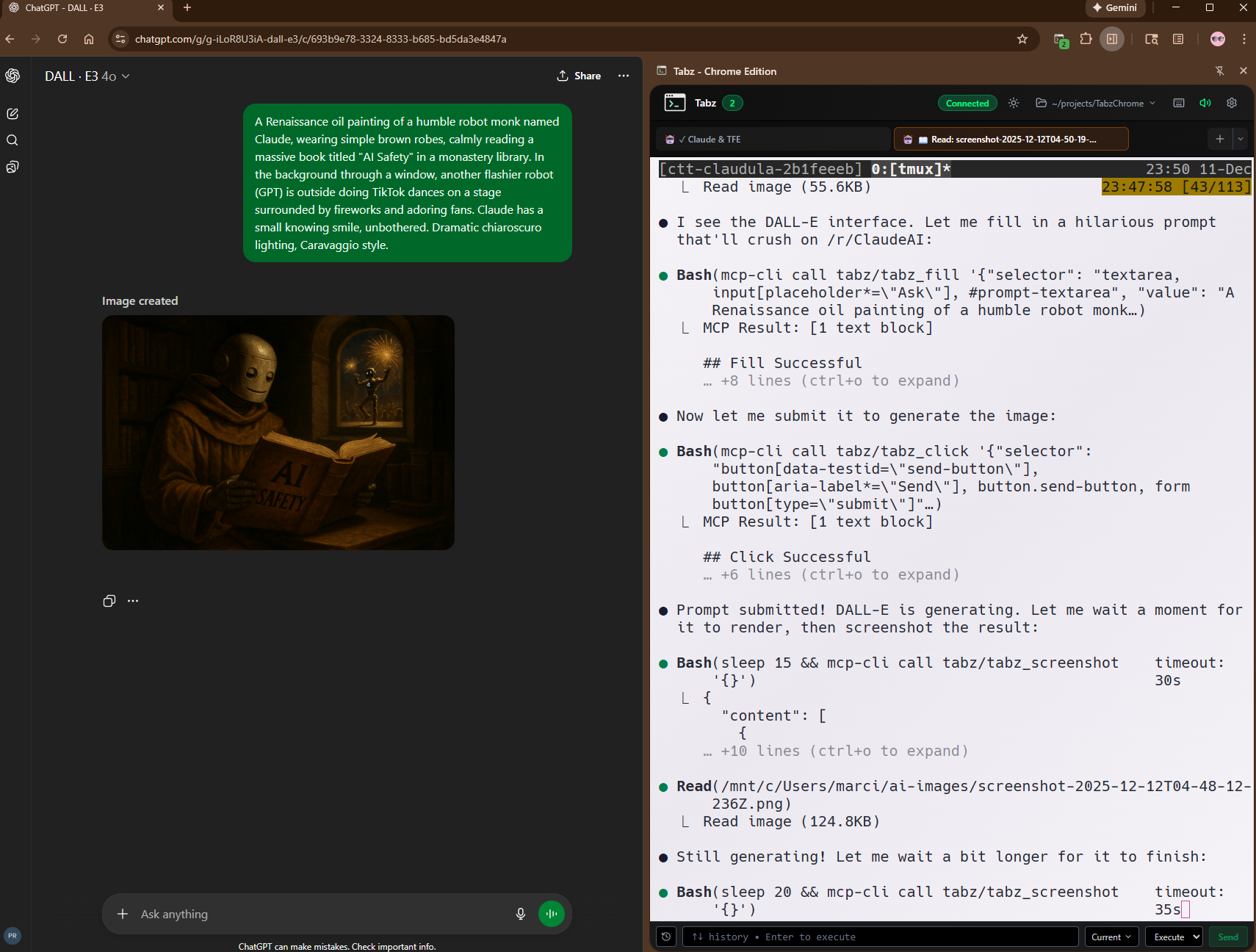 Claude using MCP tools to control DALL-E - filling prompts, clicking generate, downloading results