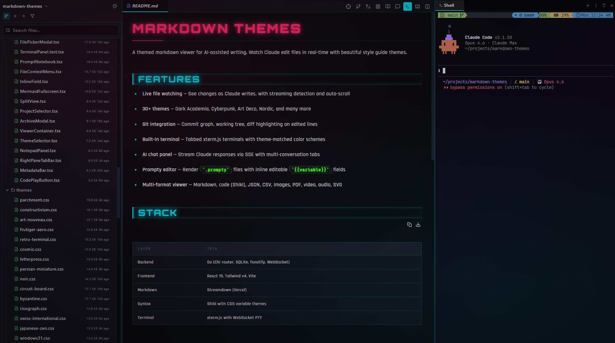 Markdown Themes — Cyberpunk theme with file tree, markdown viewer, and AI chat