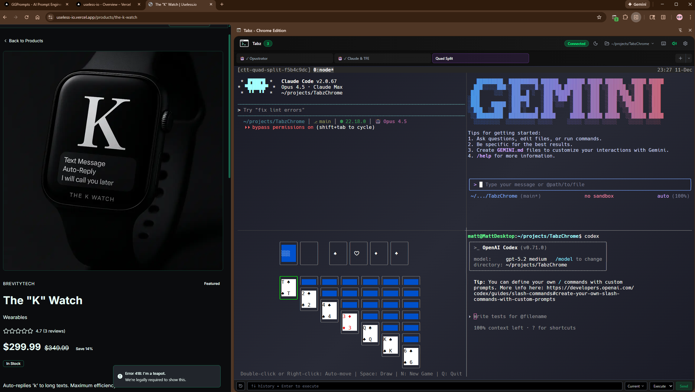 TabzChrome — 4 terminals running Claude, Gemini, Codex, and a game simultaneously